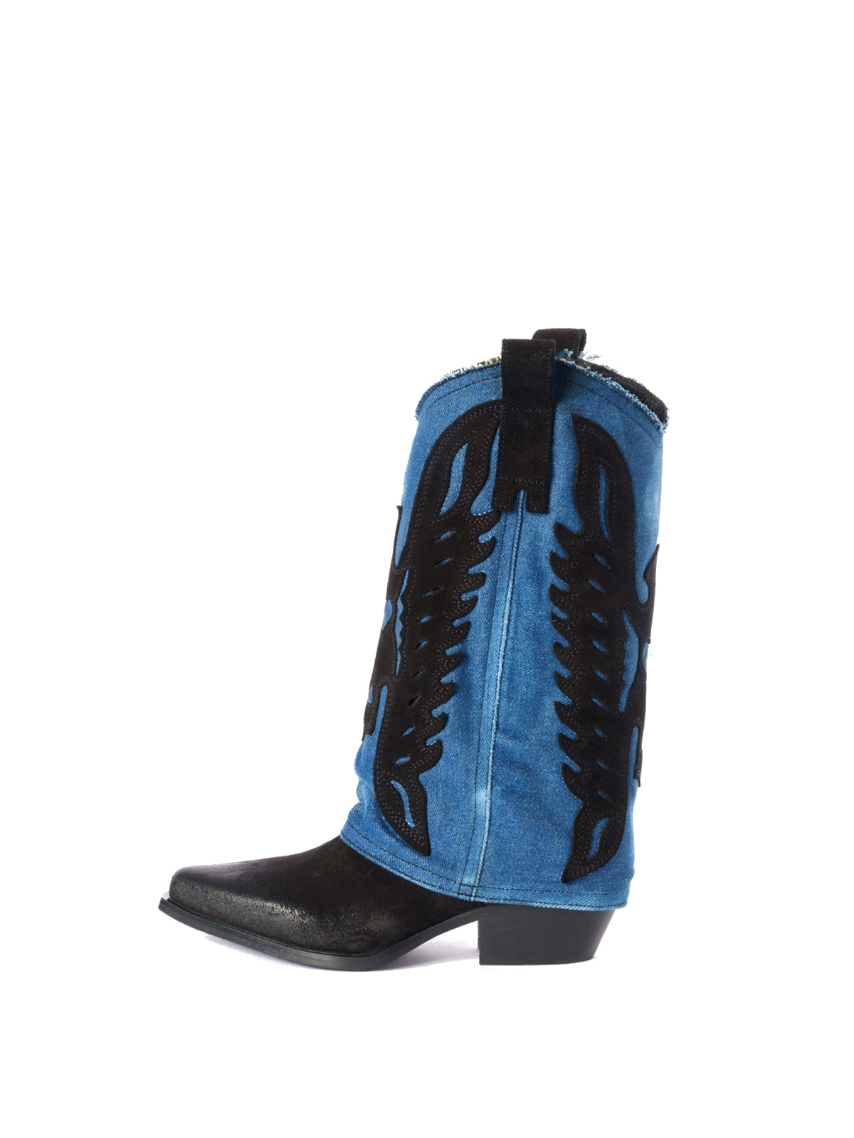 Black Snip-Toe Eagle Applique Blue Denim Fold-Over Mid Calf Cowgirl Boots