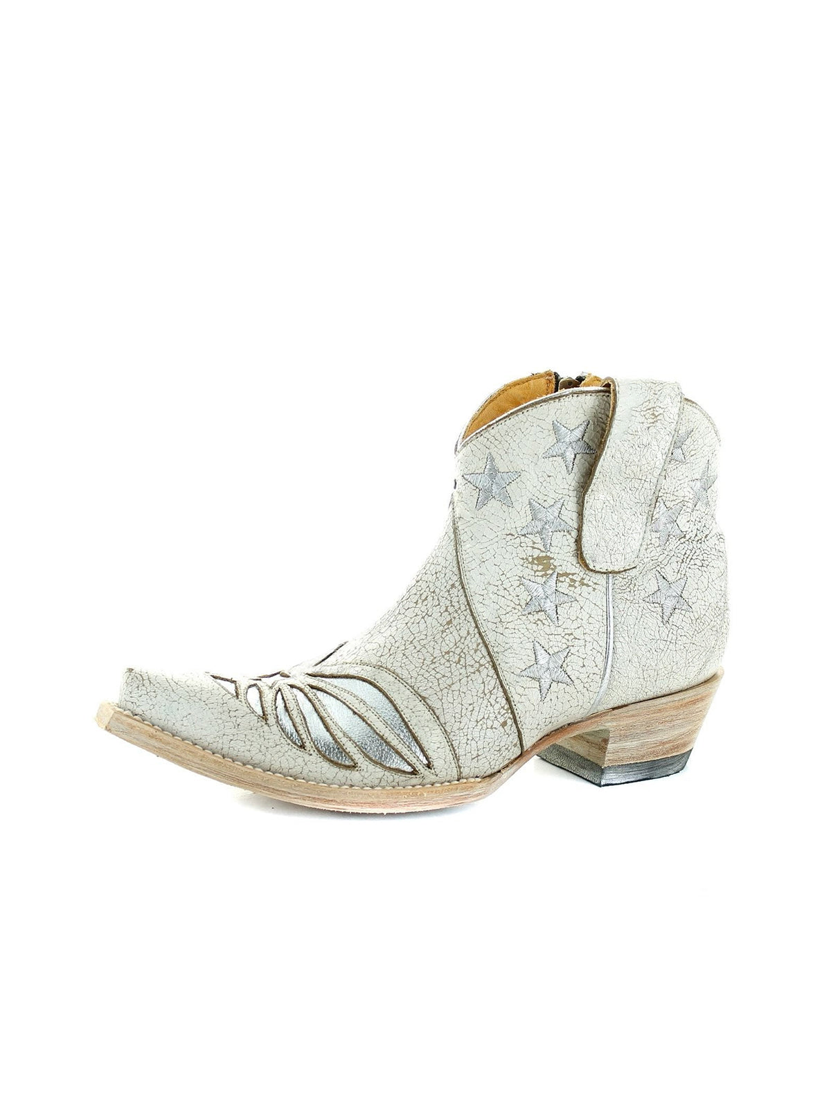 Distressed Ivory Snip-Toe Metallic Stars Inlay Full-Zip Ankle Cowgirl Boots