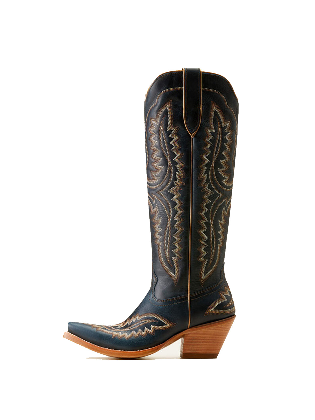 Western Embroidery Tall Snip-Toe Half-Zip Knee High Cowgirl Boots - Dark Navy