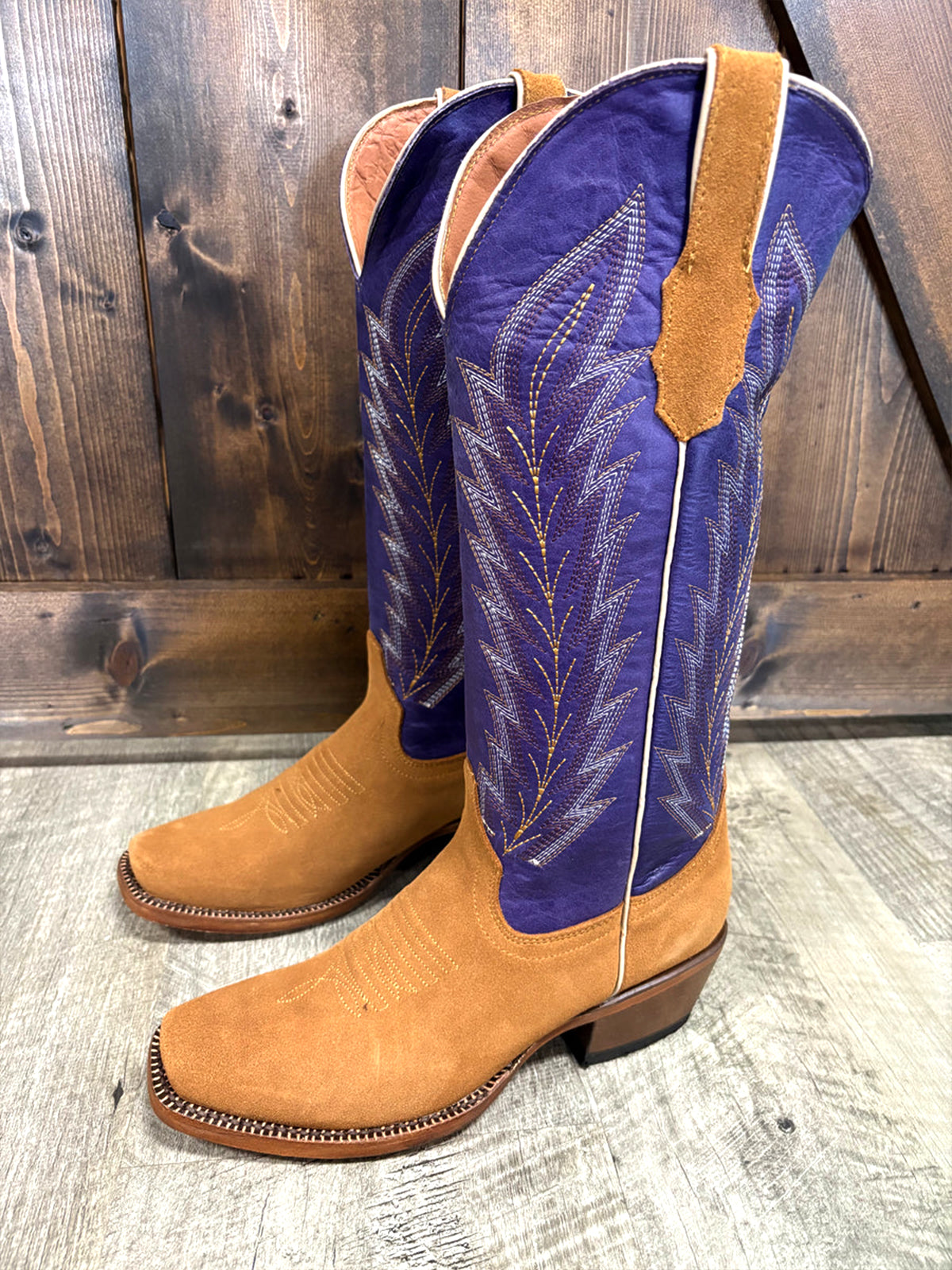 Contrast Brown And Purple Square-Toe Classic Embroidery Wide Calf Knee High Cowgirl Boots