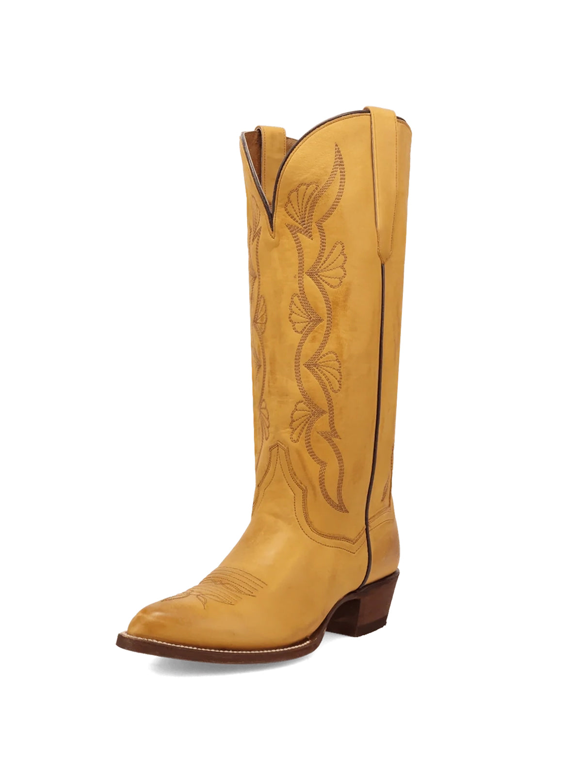 Mustard Yellow Almond-Toe Fan-Shaped Embroidery Wide Knee High Cowgirl Boots