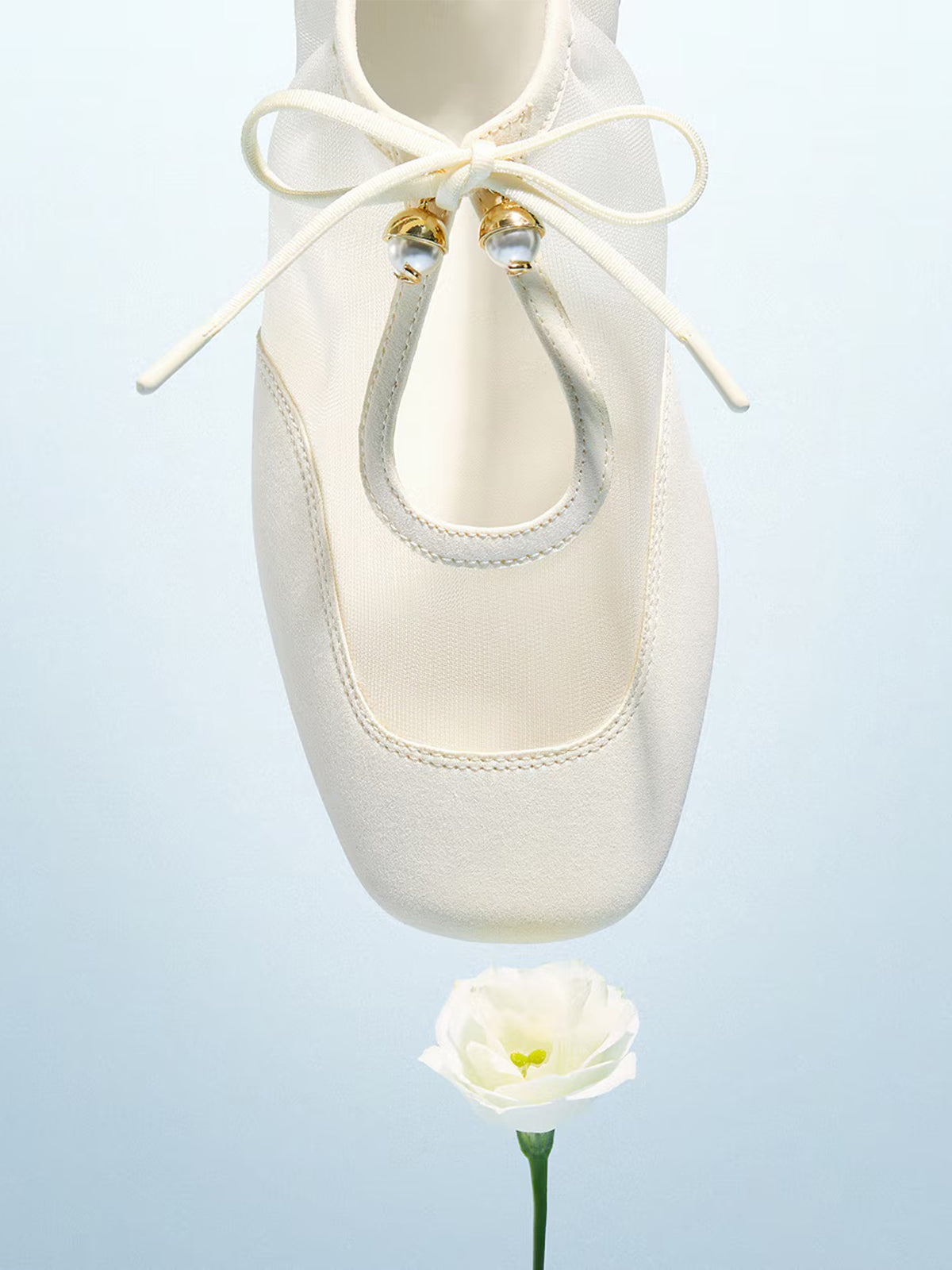 Ivory Mesh And Faux Suede Square-Toe Floral Embroidery Bridge Bow Strap Flats