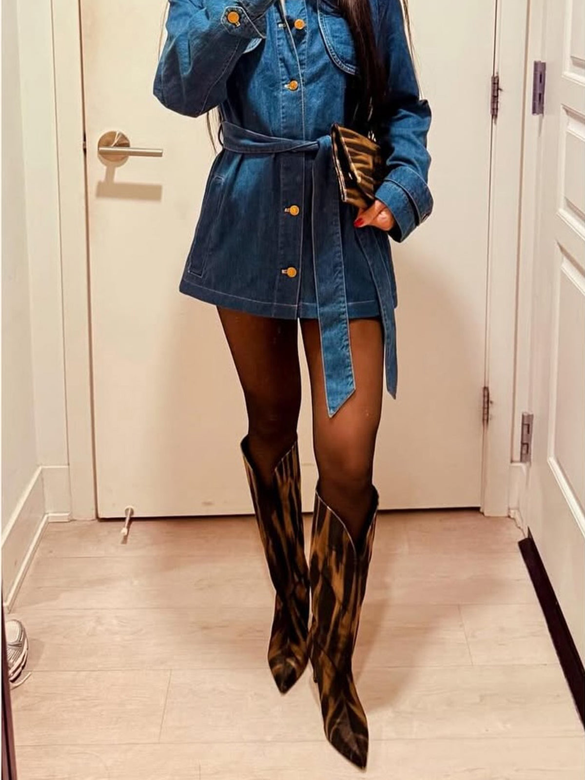 Tiger Print Lint Pointed-Toe Wide Calf Knee High Stiletto Boots