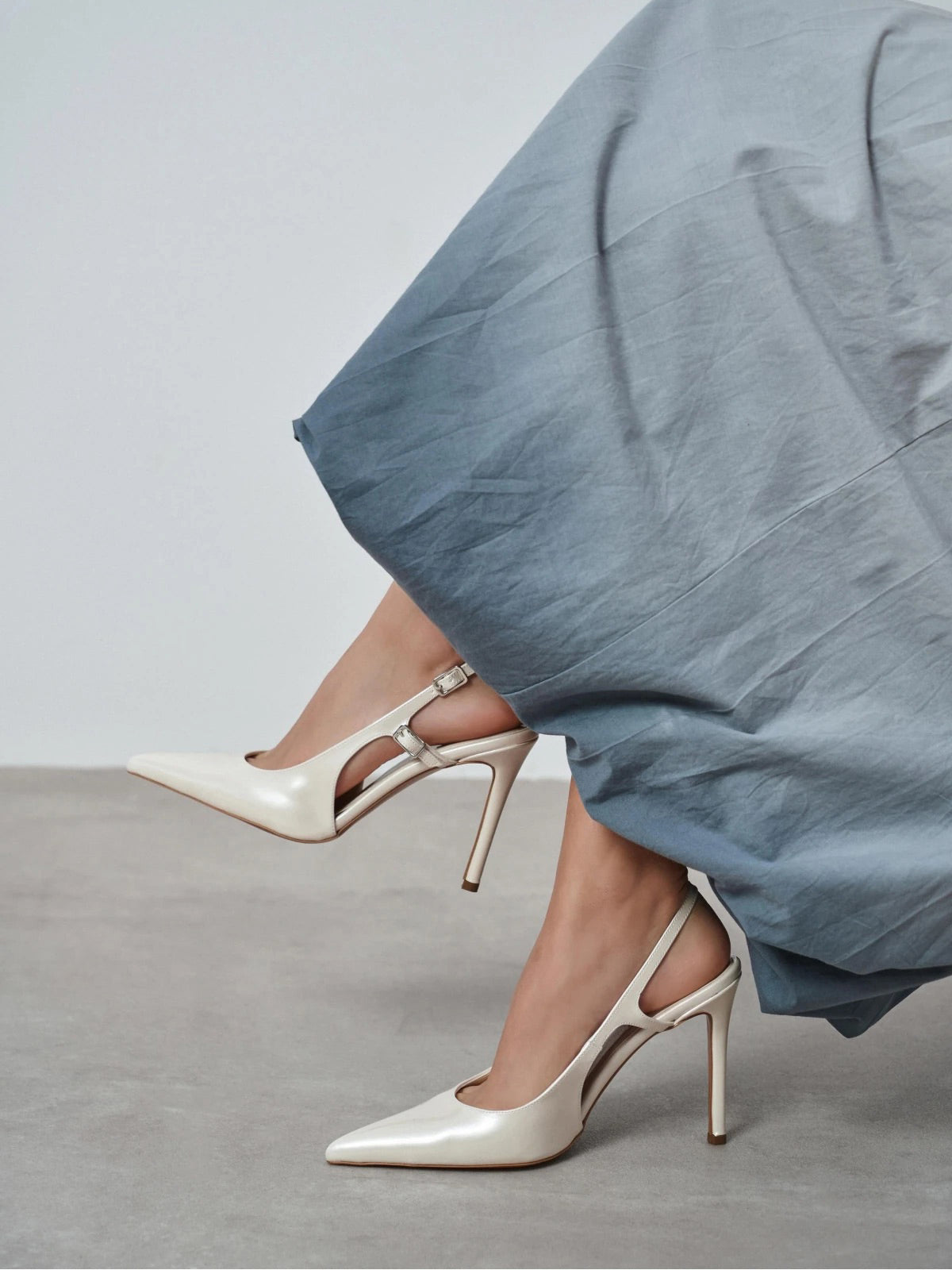 Patent Leather Pointed-Toe Buckle Back Strap Chic High Heels - Pearl