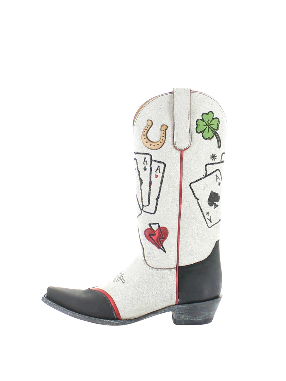 Каубойски ботуши до средата на прасеца с бродерия и апликация с бродерия в черно и бяло с изрязани пръсти