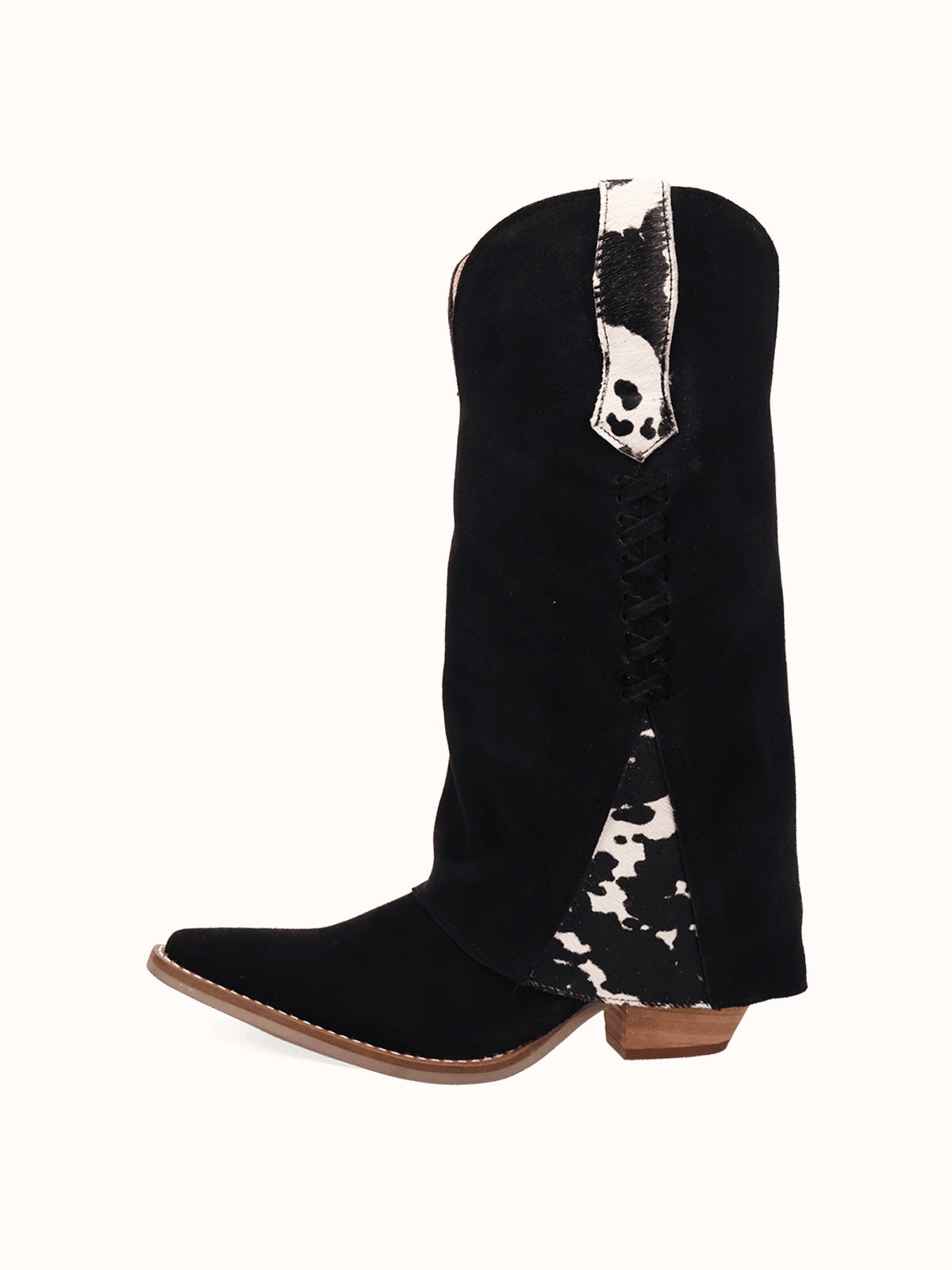 Black Faux Suede And Cow Pattern Snip-Toe Fold-Over Wide Calf Knee High Cowgirl Boots