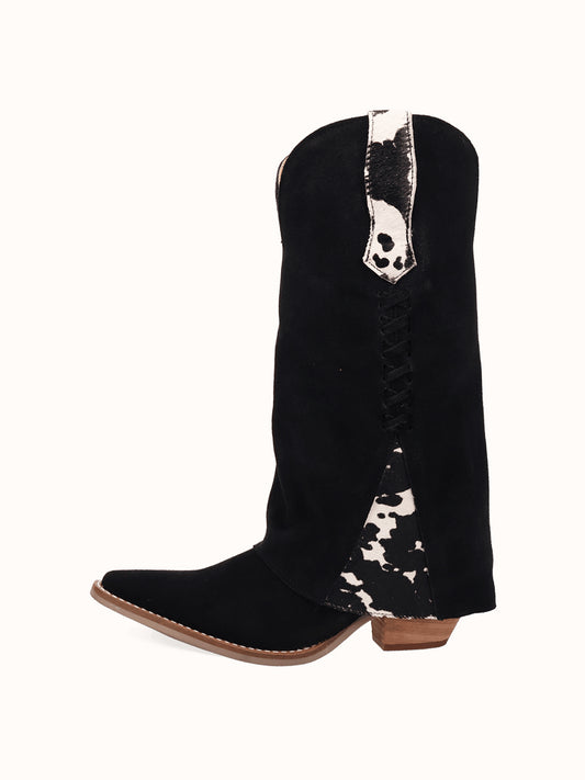 Black Faux Suede And Cow Pattern Snip-Toe Fold-Over Wide Calf Knee High Cowgirl Boots