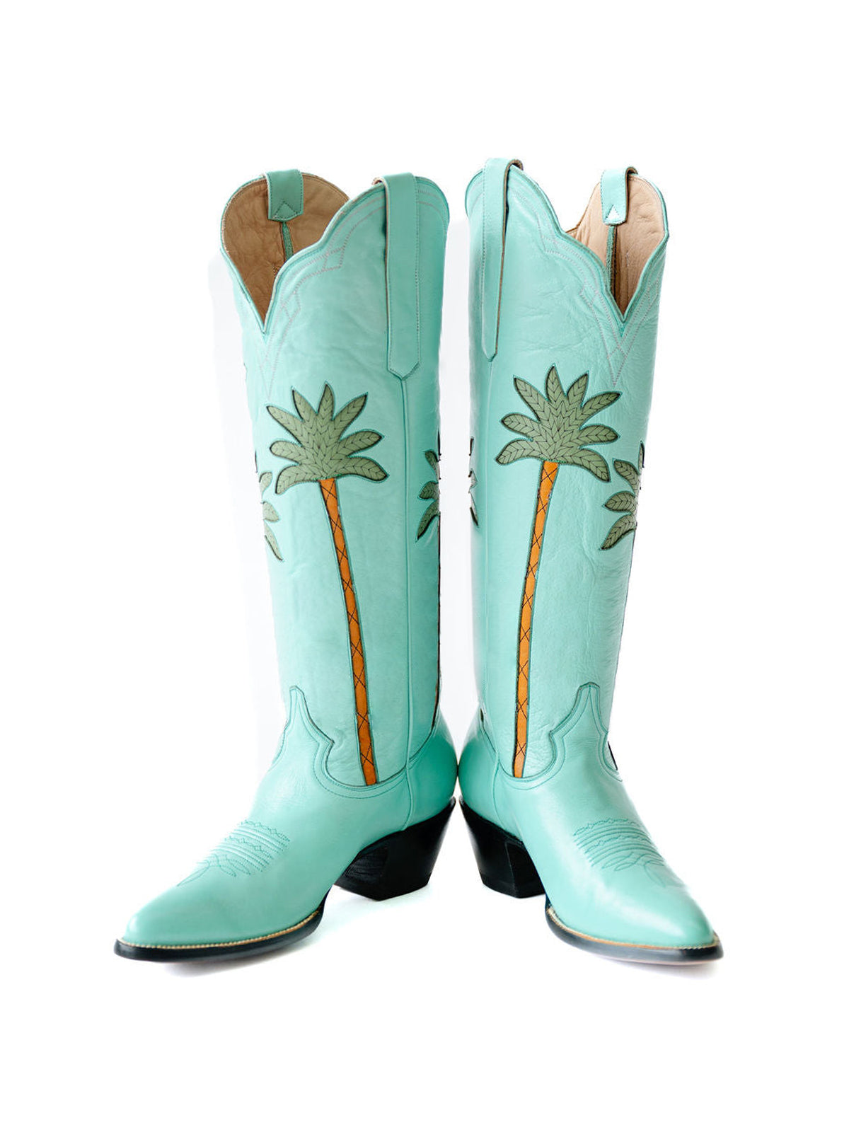 Light Green Almond-Toe Palm And Flowers Inlay Wide Calf Tall Knee High Cowgirl Boots