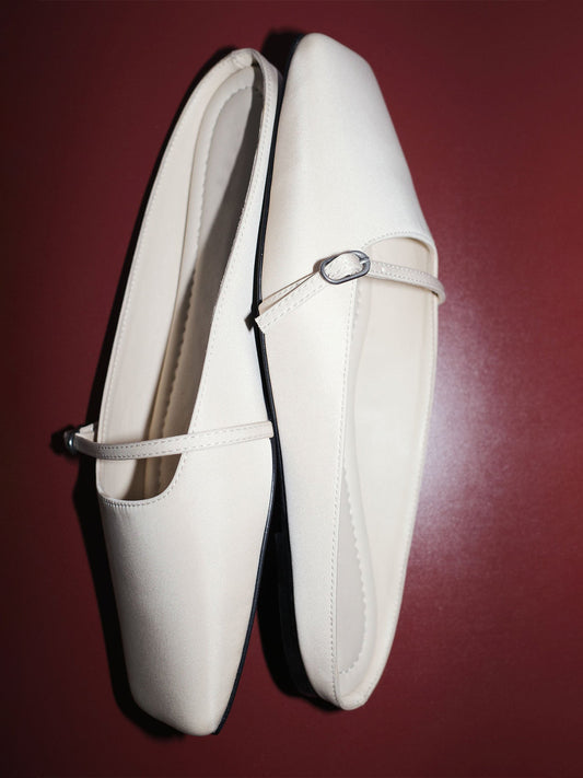 Light Beige Square-Toe Front Strap Slip-On Flats