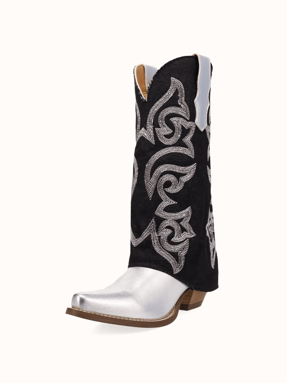 Black Denim And Silver Snip-Toe Embroidery Fold-Over Wide Calf Knee High Cowgirl Boots