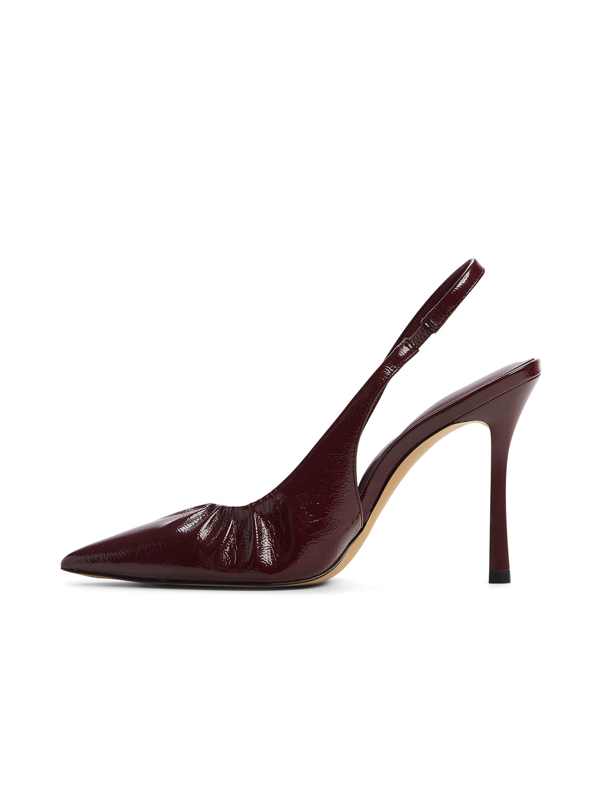 Patent Burgundy Pointed-Toe Ruched Vamp Slingback High Heels