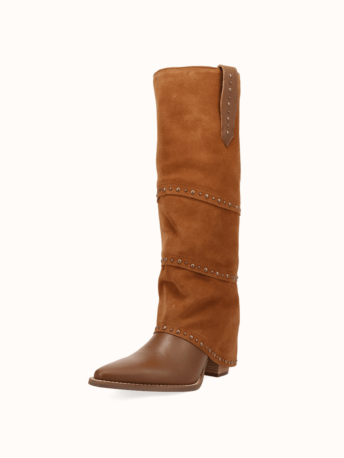 Brown Snip-Toe Faux Suede Fold-Over With Studs Wide Calf Knee High Cowgirl Boots