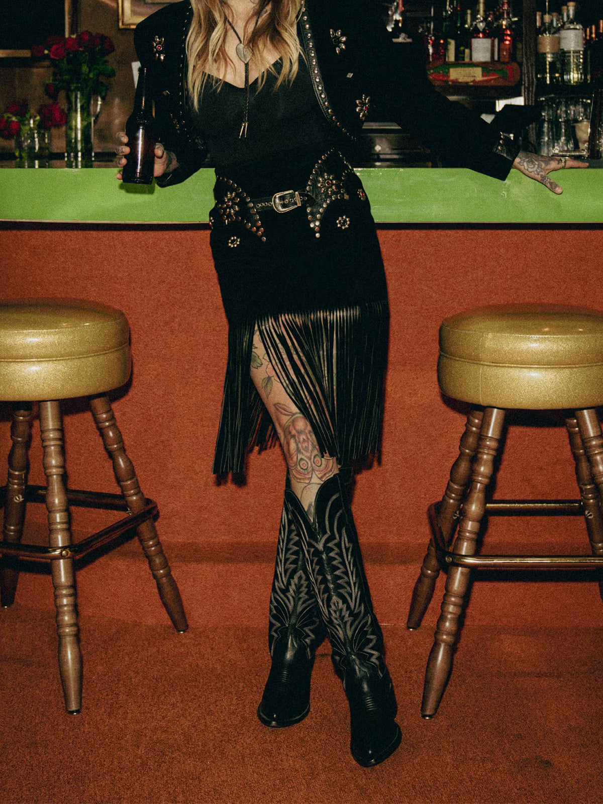 Western Embroidery Almond-Toe Tall Knee High Cowgirl Boots - Black