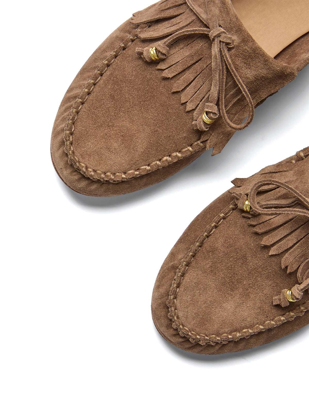 Brown Cow Suede Round-Toe Front Fringe And Bow Loafers Flats
