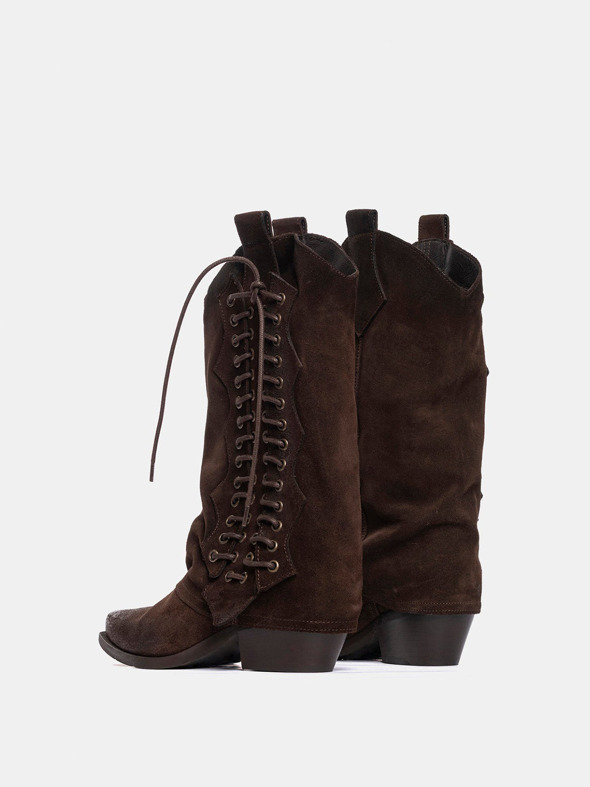 Brown Faux Suede Snip-Toe Side Lace-Up Mid Calf Cowgirl Boots