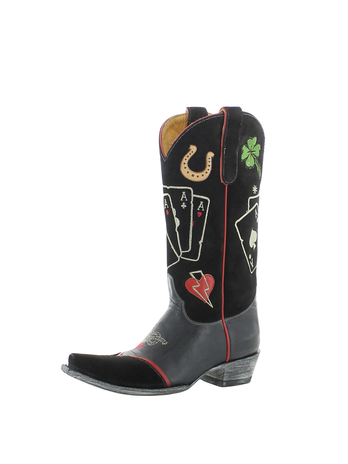 Black Snip-Toe Card Game Embroidery Horseshoe Applique Mid Calf Cowgirl Boots