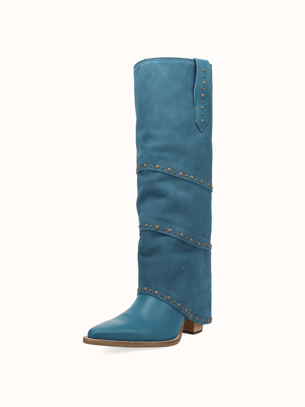 Blue Snip-Toe Faux Suede Fold-Over With Studs Wide Calf Knee High Cowgirl Boots