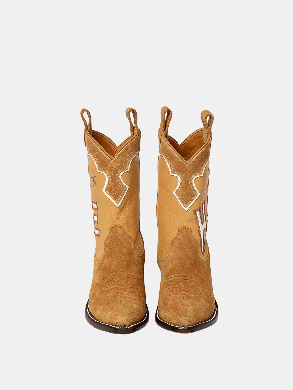 Tan Faux Suede And Vegan Leather Metallic Heart Star Inlay And Letter Inlay Mid Calf Cowgirl Boots