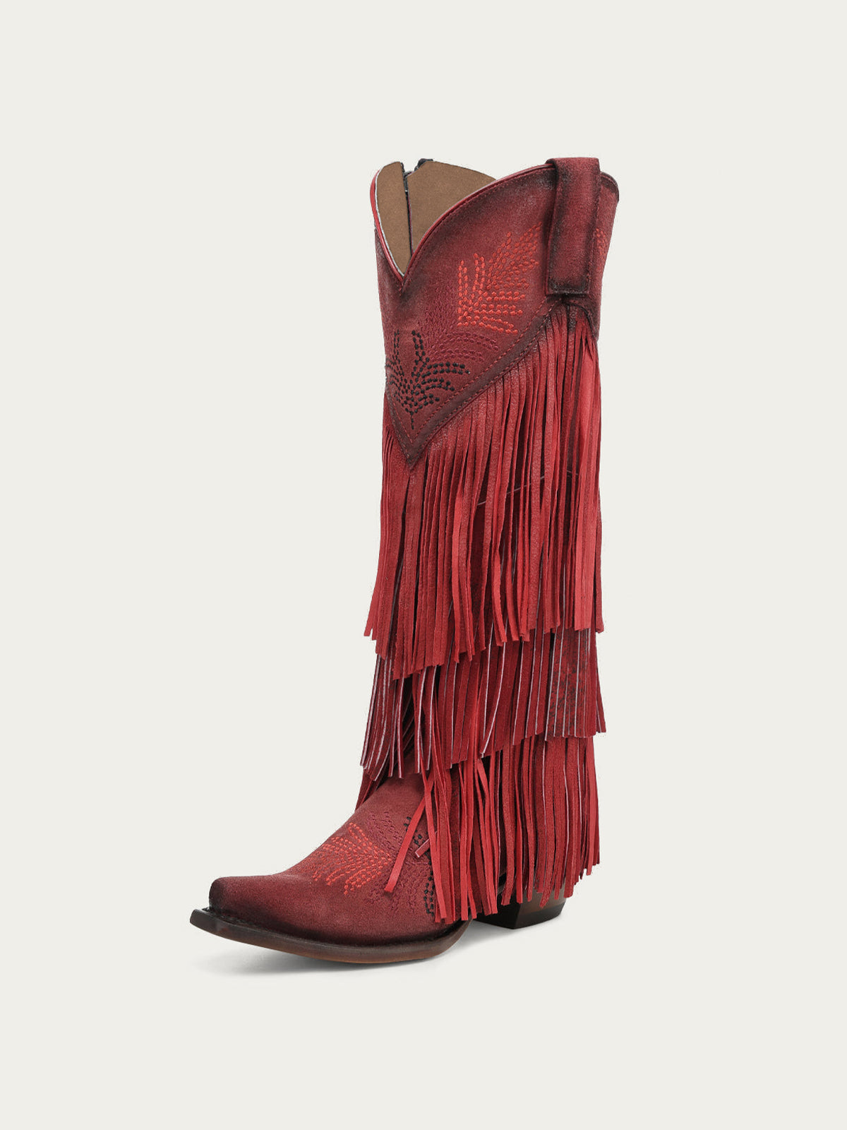 Red Faux Suede Snip-Toe Chic Fringe And Embroidery Full-Zip Knee High Cowgirl Boots