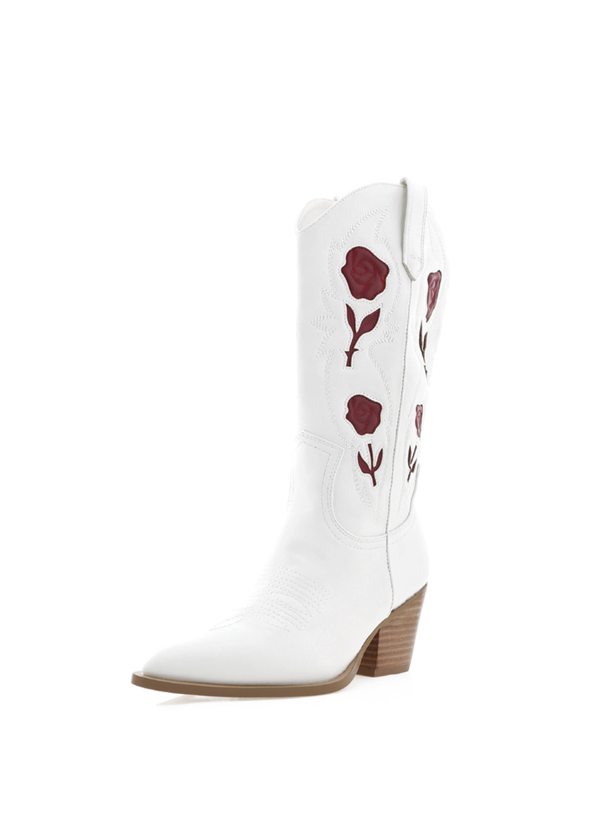 White Almond-Toe Red Rose Inlay Mid Calf Cowgirl Boots