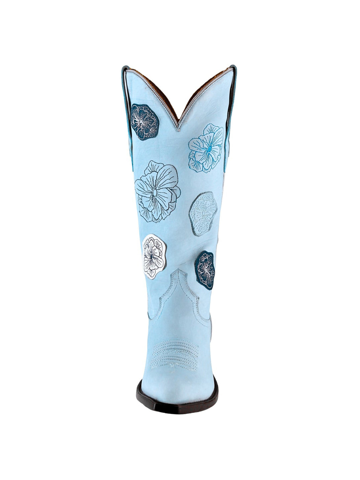Sky Blue Snip-Toe Flowers Applique Chic Mid Calf Cowgirl Boots