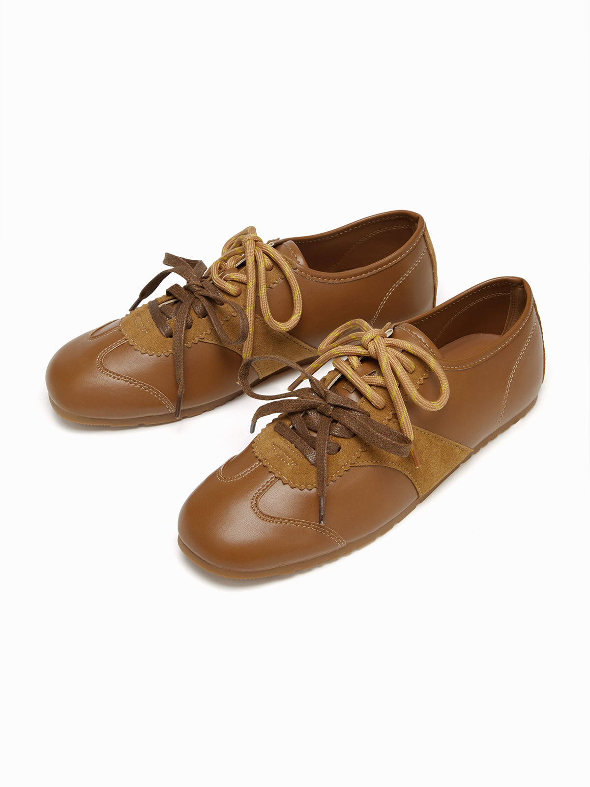 Brown Cow Suede And Cow Leather Square-Toe Lace-Up Flats Sneakers