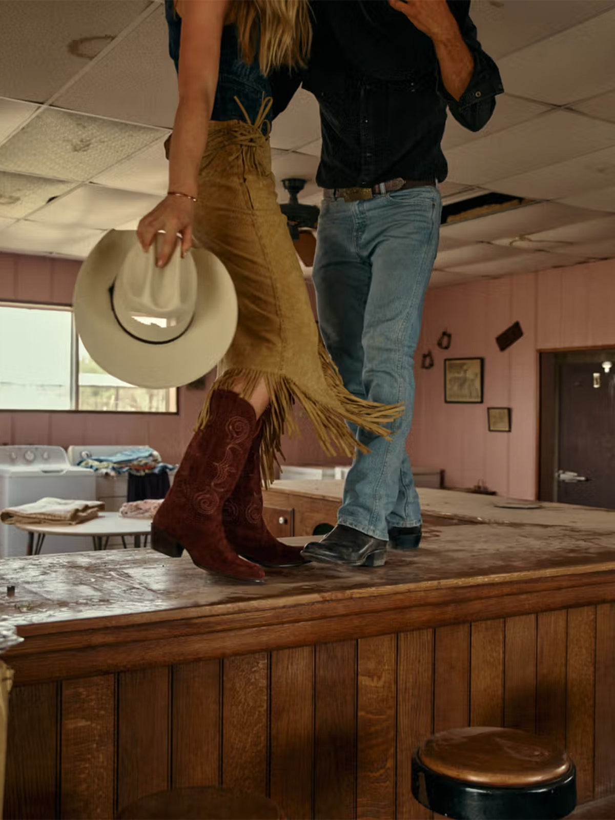 Brick Faux Suede Round-Toe Knee High Wide Calf Embroidery Cowgirl Boots