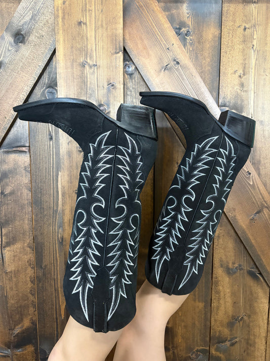 Black Faux Suede Snip-Toe Classic Embroidery Wide Calf Knee High Cowgirl Boots