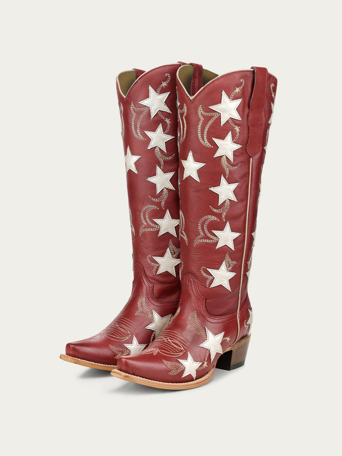Red Snip-Toe Chic Star Inlay With Embroidery Wide Calf Knee High Cowgirl Boots