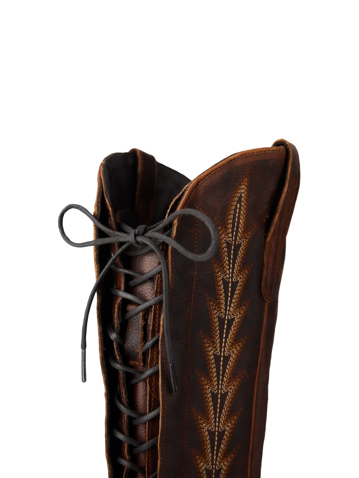 Snip-Toe Embroidery Half-Zip Back Lace-Up Knee High Cowgirl Boots - Cognac