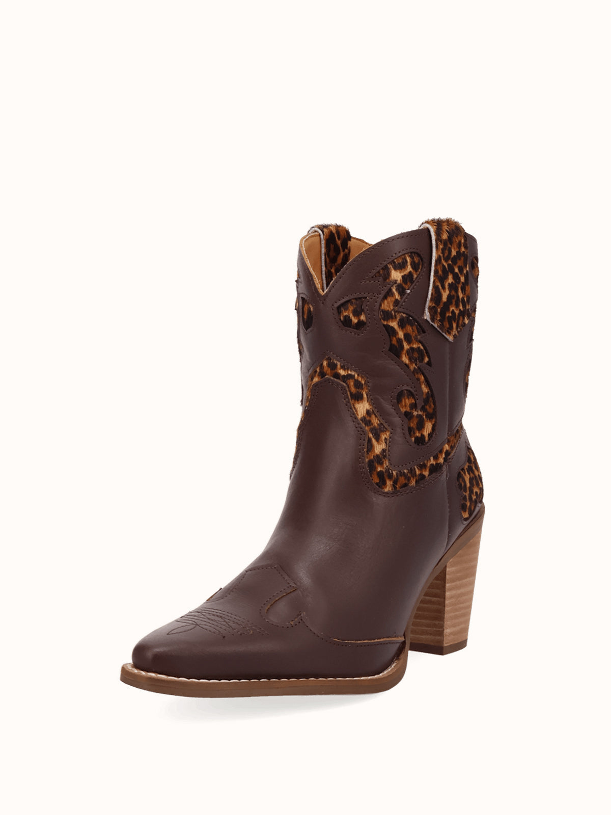 Chocolate And Leopard Pattern Snip-Toe Sleek Ankle Cowgirl Boots