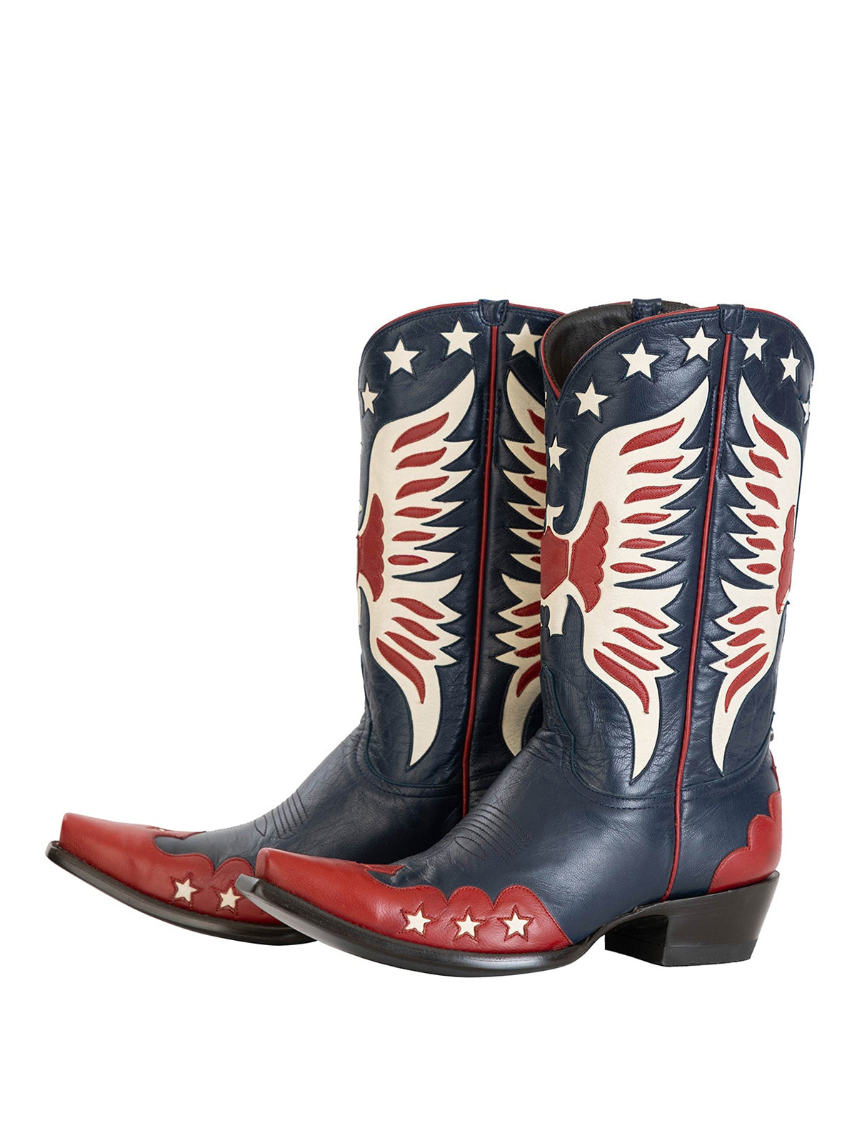 Navy Snip-Toe Ivory Eagle And Star Inlay Chic Mid Calf Cowgirl Boots