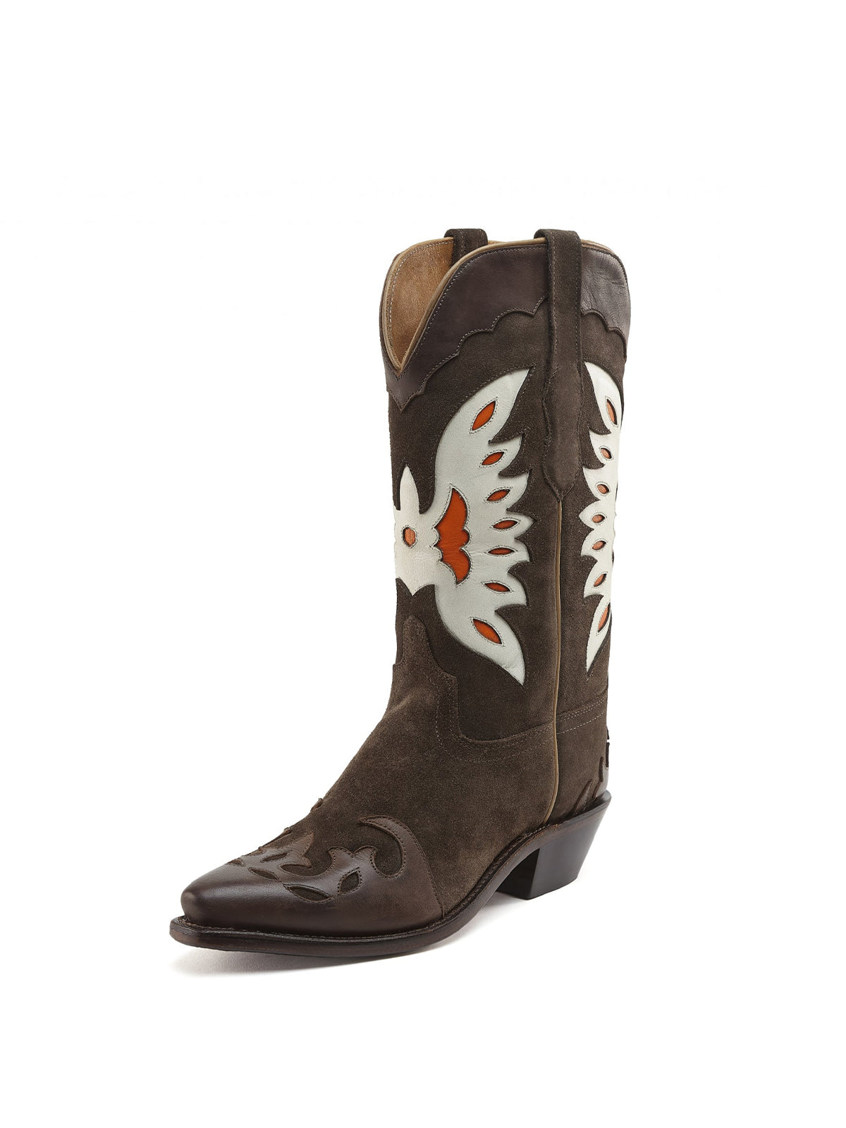 Brown Faux Suede Eagle Embroidery Snip-Toe Mid Calf Cowgirl Boots