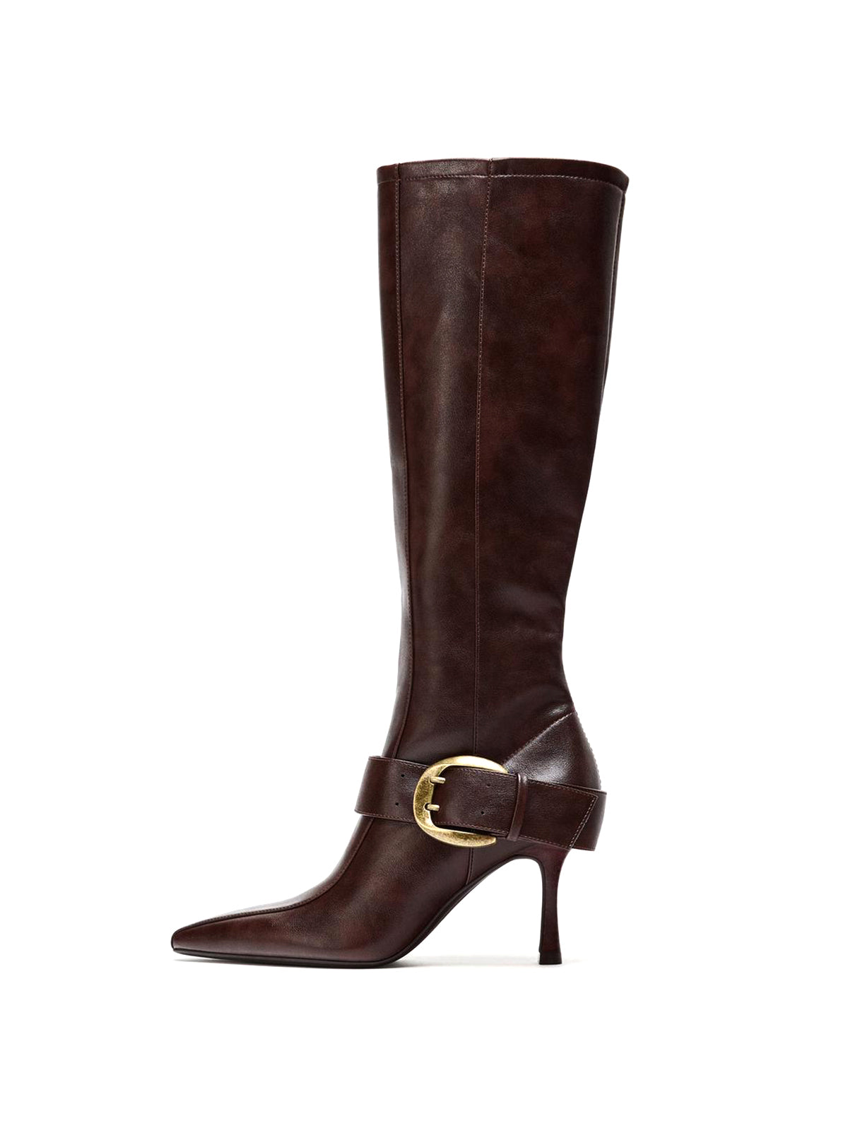 Brown Pointed-Toe Wide Buckle Strap Full-Zip Knee High Stiletto Boots