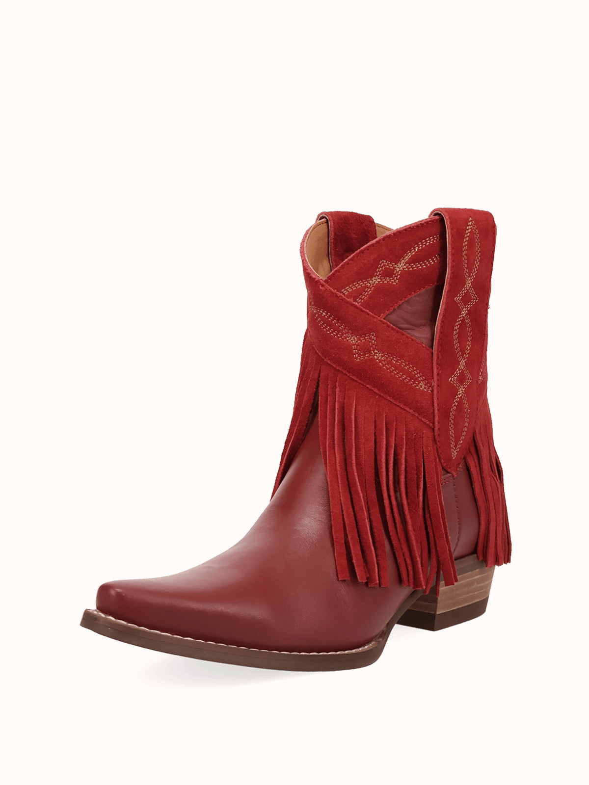 Red Snip-Toe Faux Suede Fringe Chic Ankle Cowgirl Boots