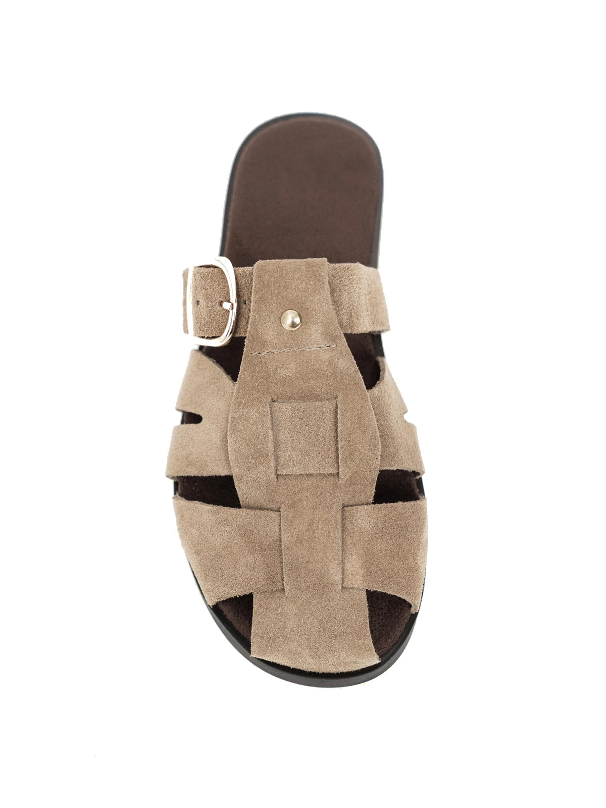 Light Khaki Cow Suede Round-Toe Caged Detail Backless Flats
