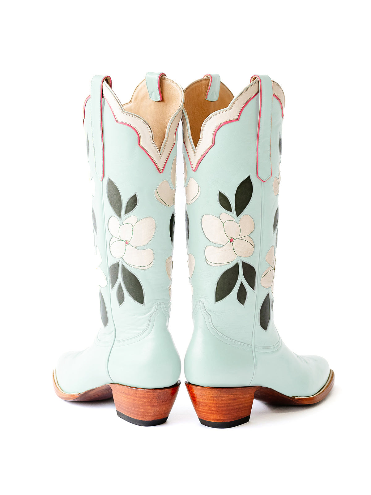 Mint Blue Almond-Toe White Flower Inlay Wide Calf Knee High Cowgirl Boots