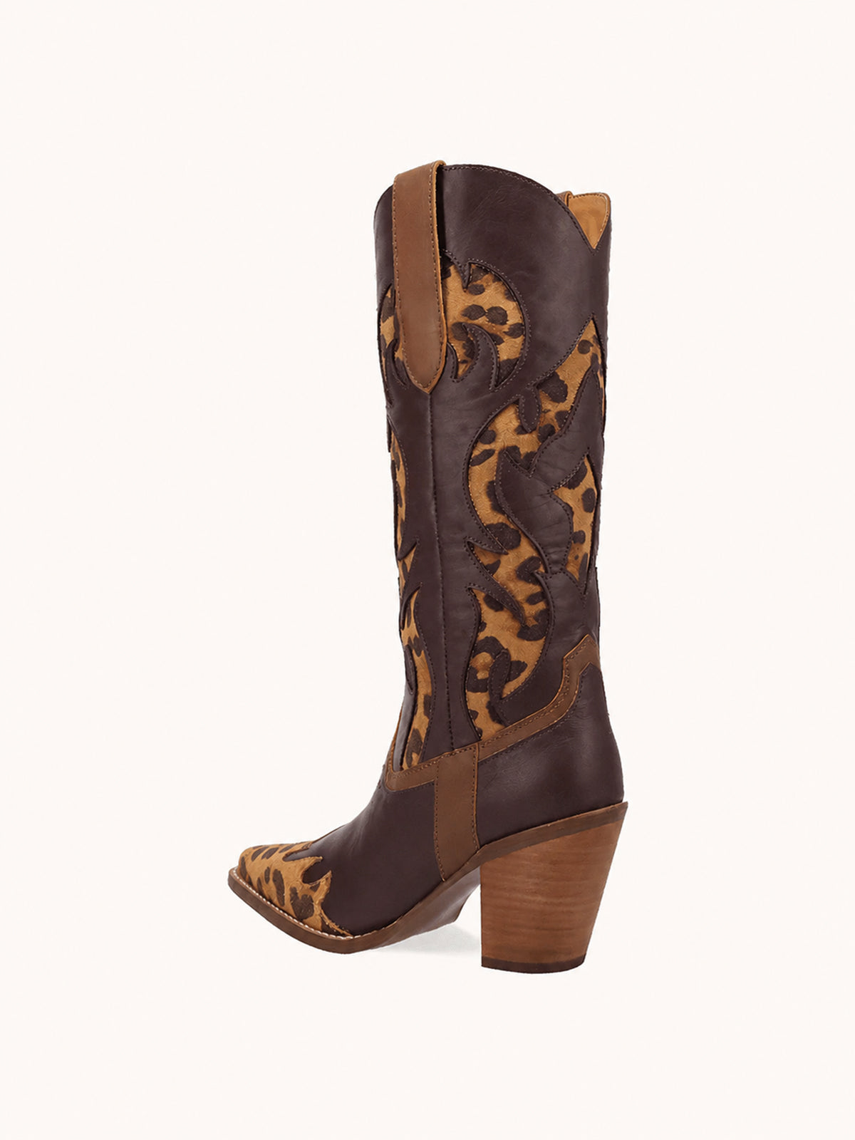 Contrast Coffee And Leopard Pattern Snip-Toe Mid Calf Cowgirl Boots