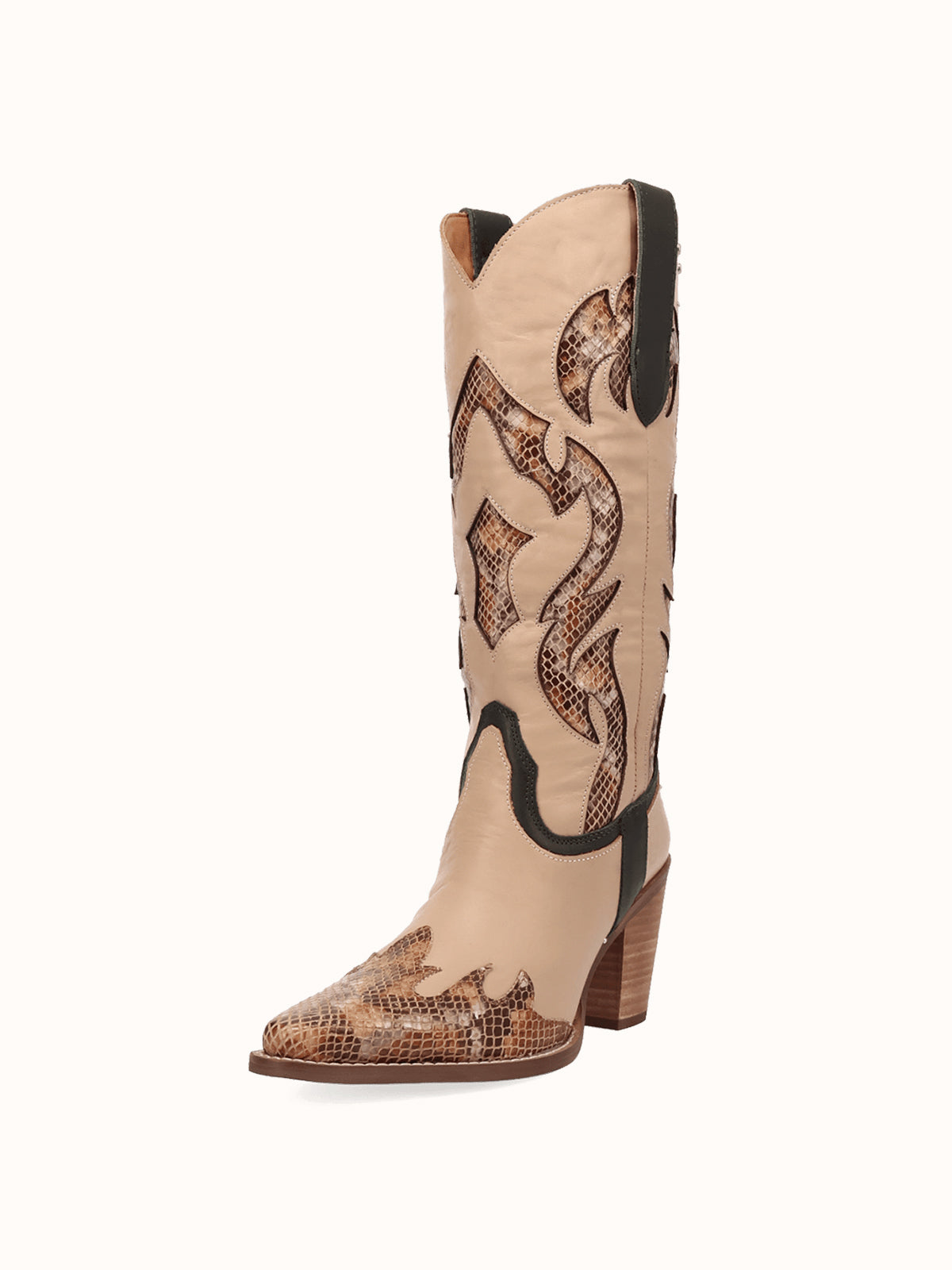 Contrast Sand And Snakeskin Pattern Snip-Toe Mid Calf Cowgirl Boots