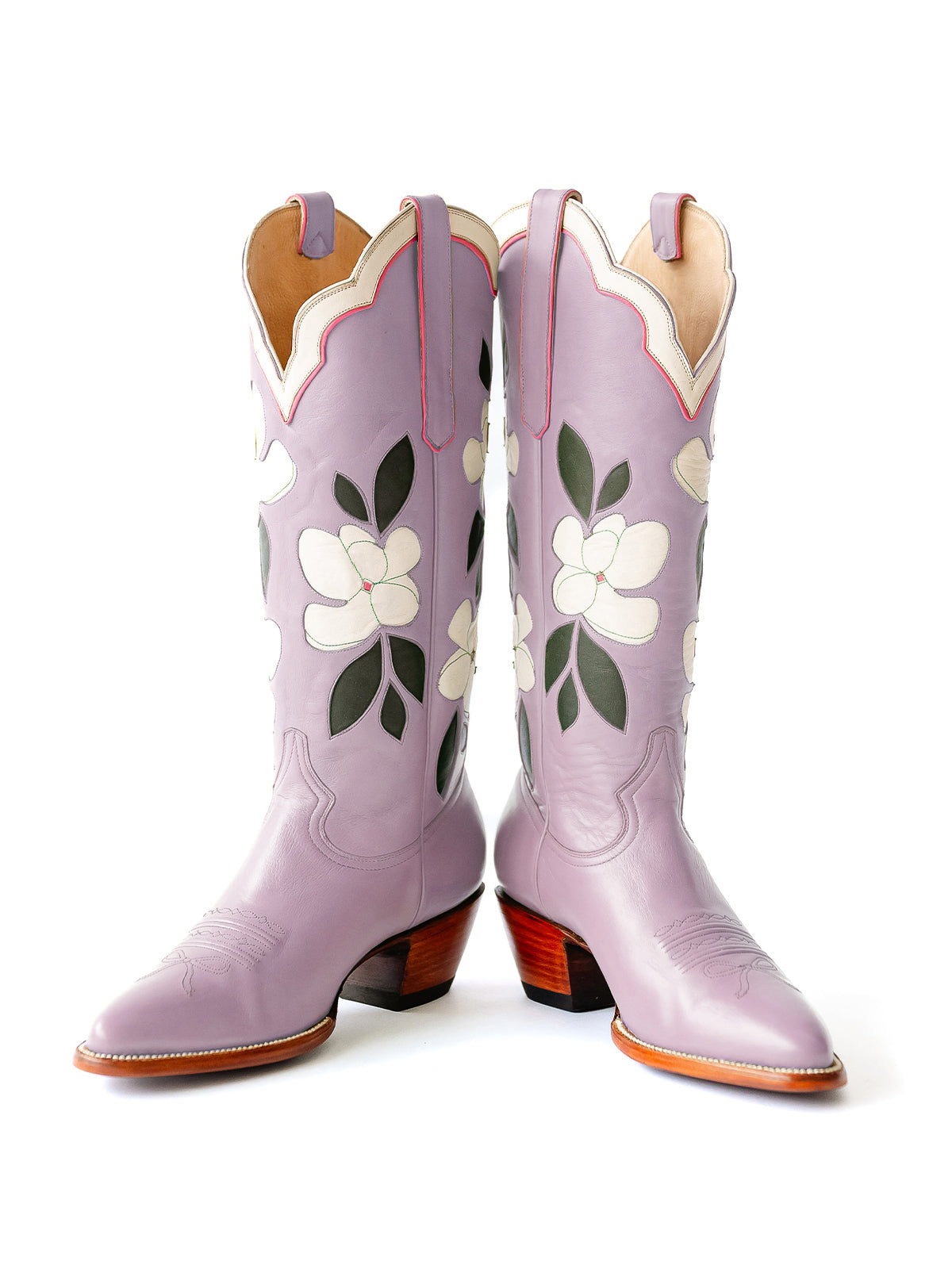 Purple Almond-Toe White Flower Inlay Wide Calf Knee High Cowgirl Boots
