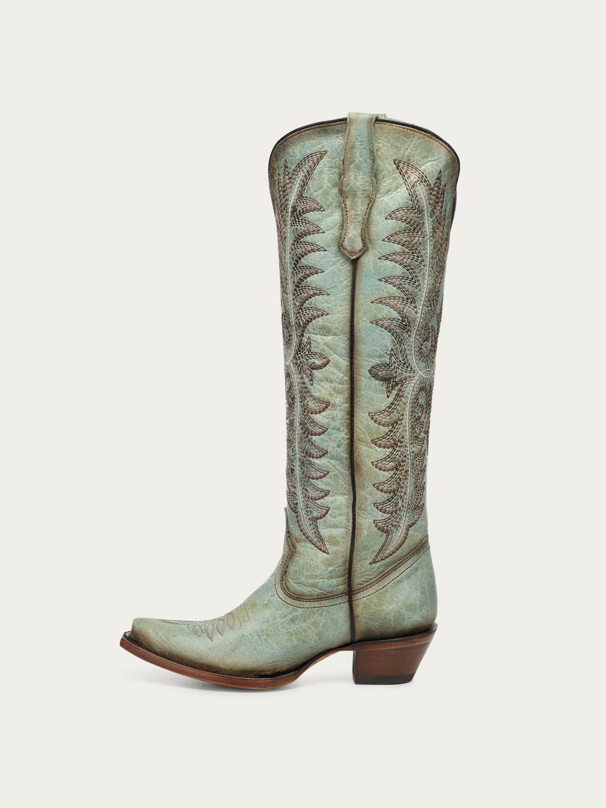 Distressed Turquoise Snip-Toe Embroidery Retro Half-Zip Knee High Cowgirl Boots