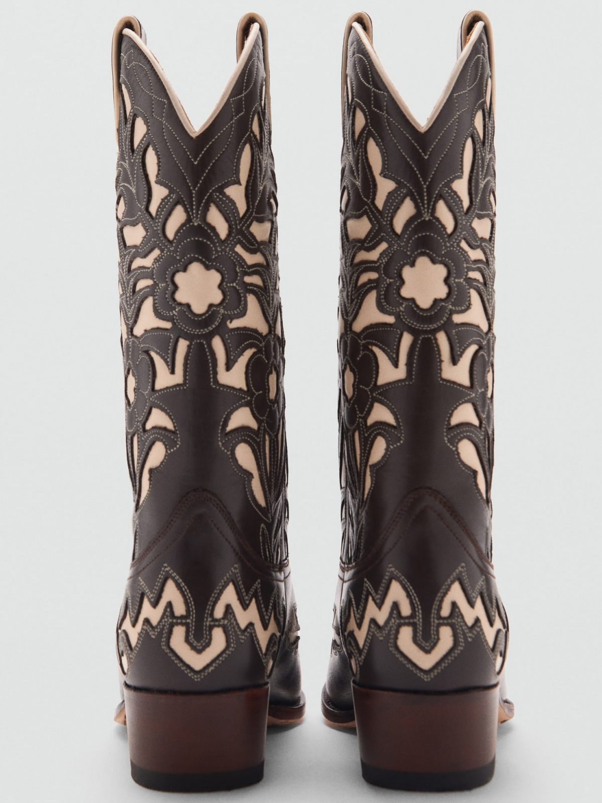 Two-Tone Vegan Leather Snip-Toe Floral Inlay Embroidery Wide Mid Calf Cowgirl Boots