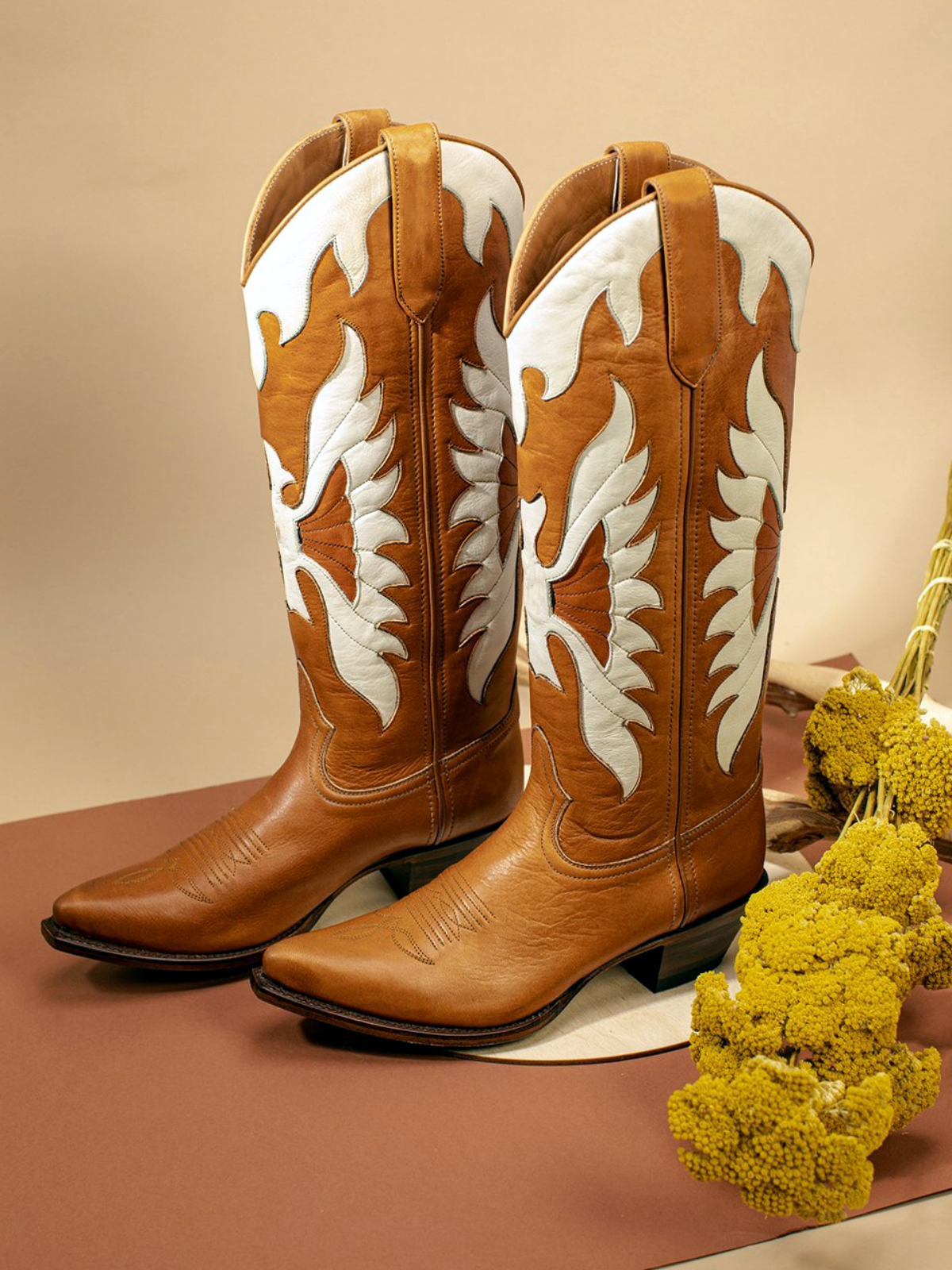 Brown Snip-Toe White Eagle Inlay Wide Mid Calf Tall Cowgirl Boots