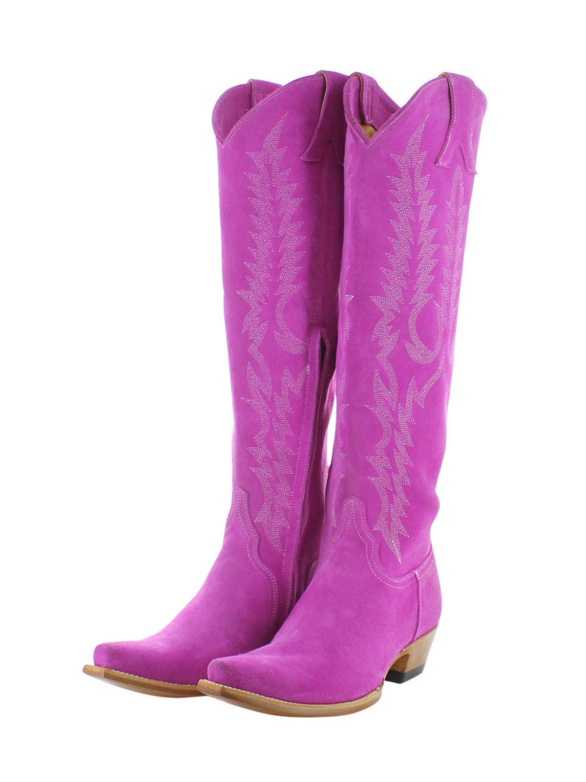 Magenta Faux Suede Snip-Toe Embroidery Half-Zip Knee High Cowgirl Boots