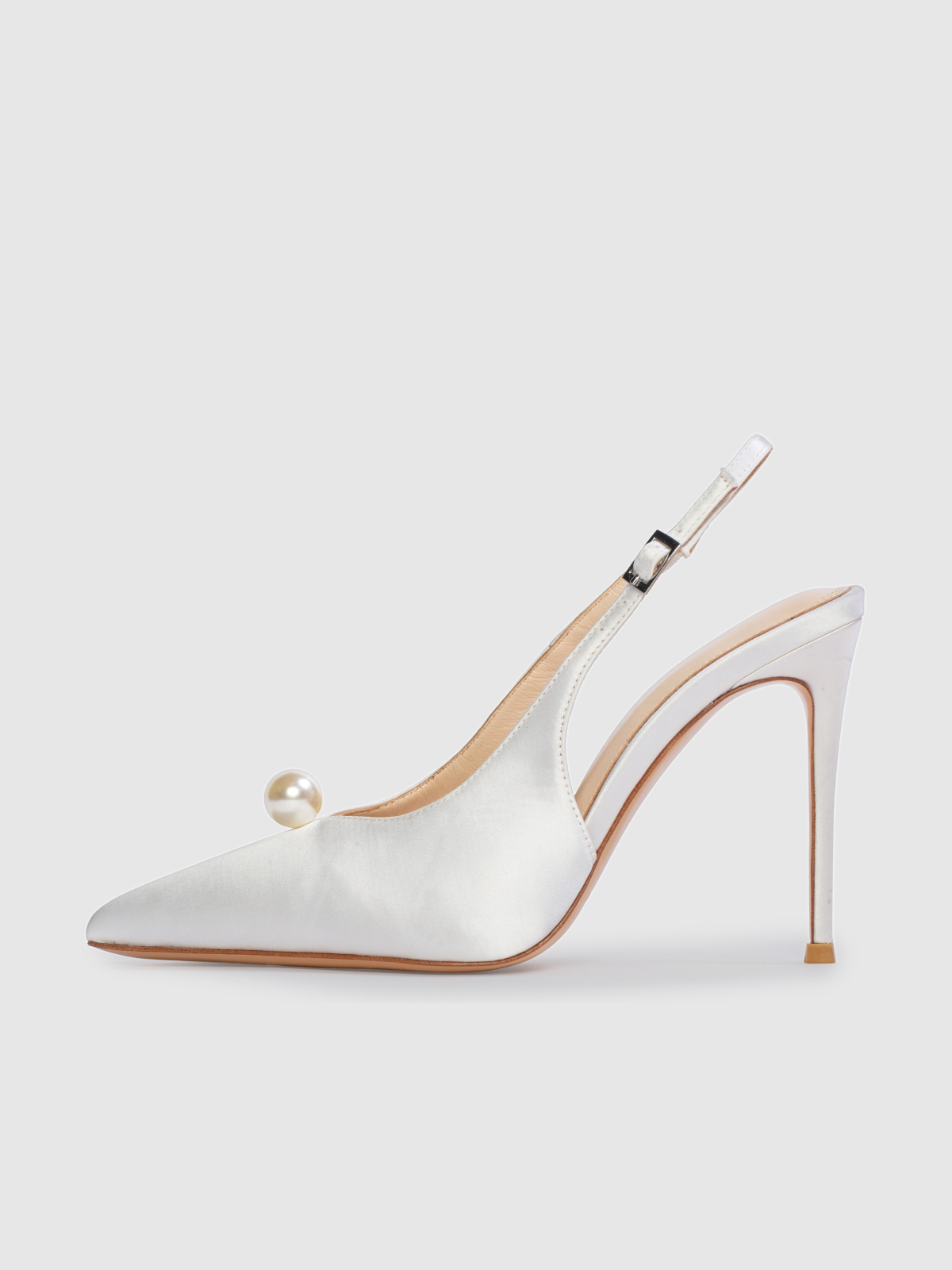 White Satin Pointed-Toe Slingback Pump High Heels With Pearl