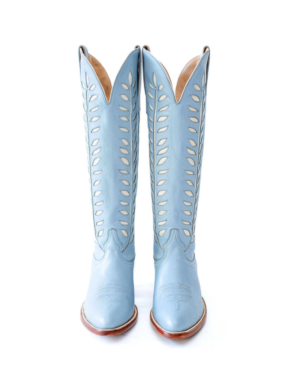 Almond-Toe Ivory Leaves Inlay Wide Calf Tall Knee High Cowgirl Boots - Powder Blue