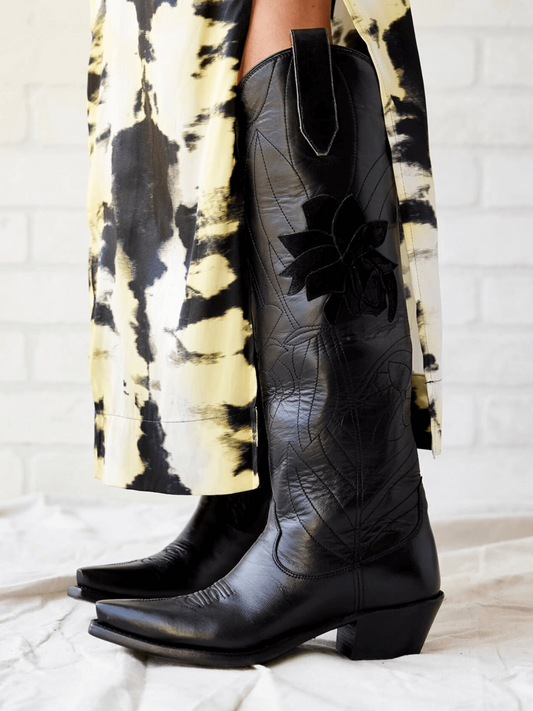 Black Snip-Toe Embroidery Faux Suede Flower Applique Wide Calf Knee High Cowgirl Boots