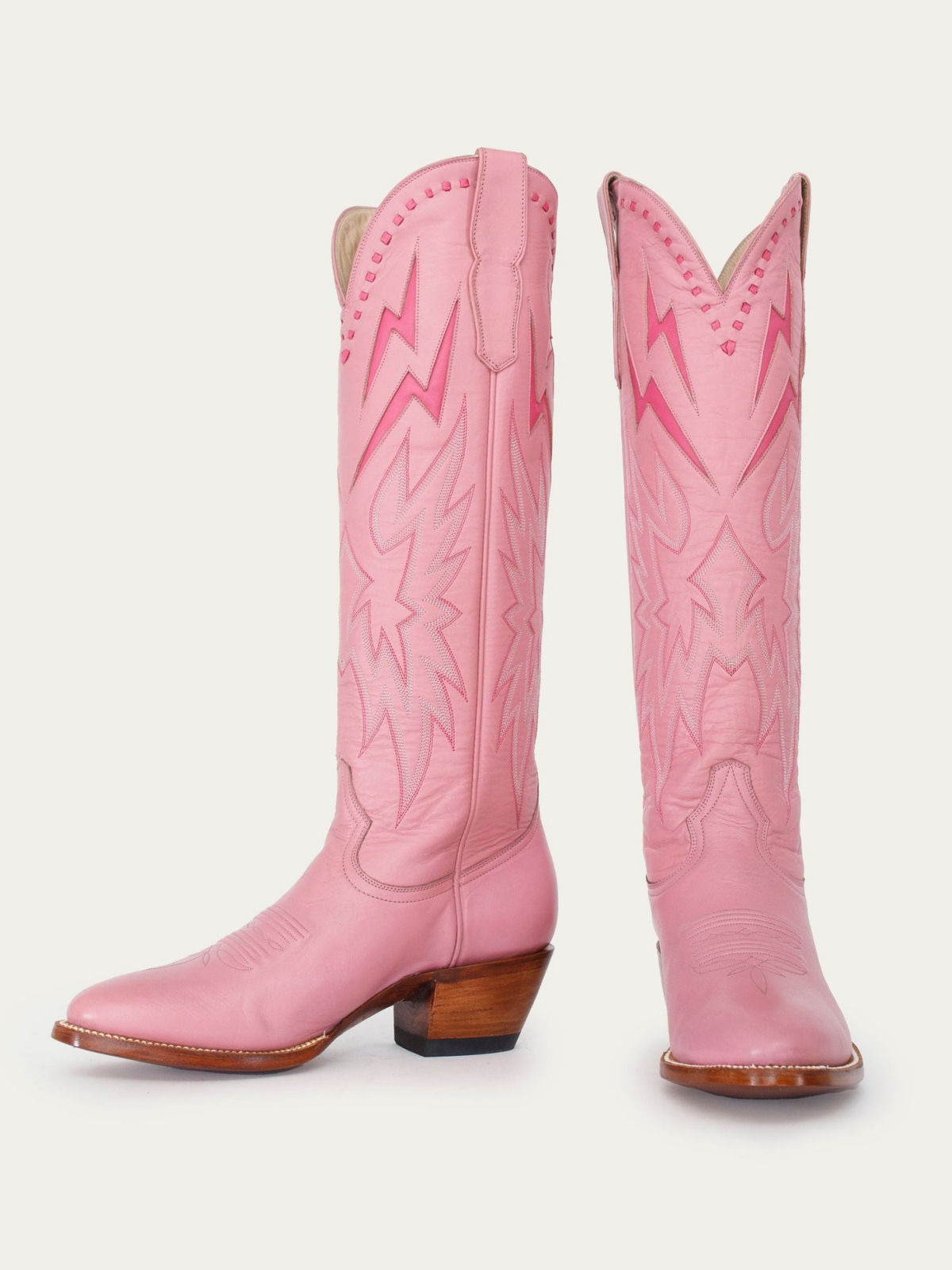 Fuchsia Lightning Inlay Stitch Embroidery Almond-Toe Wide Mid Calf Tall Cowgirl Boots - Pink