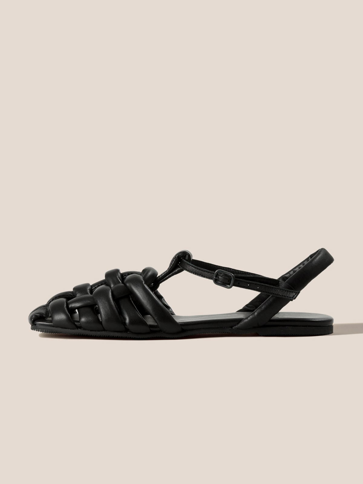 Black Padded Strap Interwined Square-Toe Flats Sandals With Ankle T-Strap