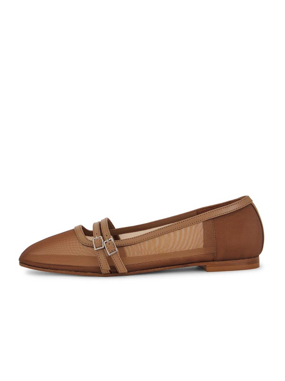 Brown Square Toe Semi-Transparent Mesh Ballet Flats With Double Buckled Strap